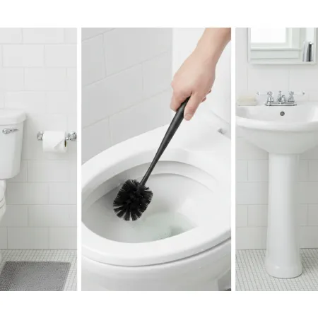 szczotka toaletowa czarna, szczotka WC stojąca, zestaw WC z pojemnikiem, szczotka do toalety nowoczesna, akcesoria łazienkowe czarne, szczotka do WC